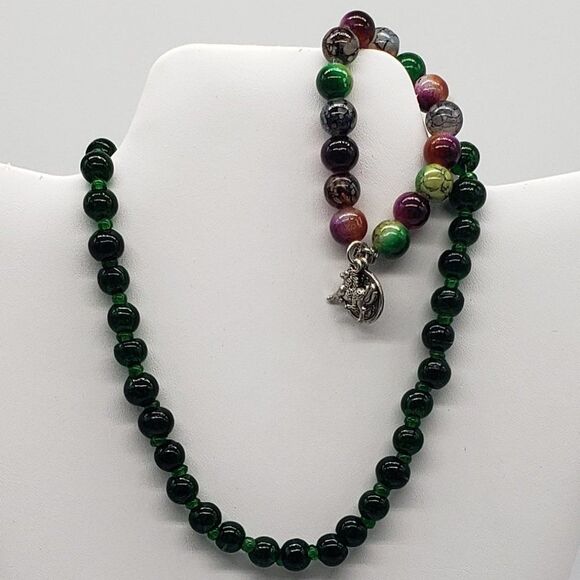 Vintage Glass Beaded Dark Green Choker Necklace and Multicoloured Charm Bracelet - Picture 9 of 10